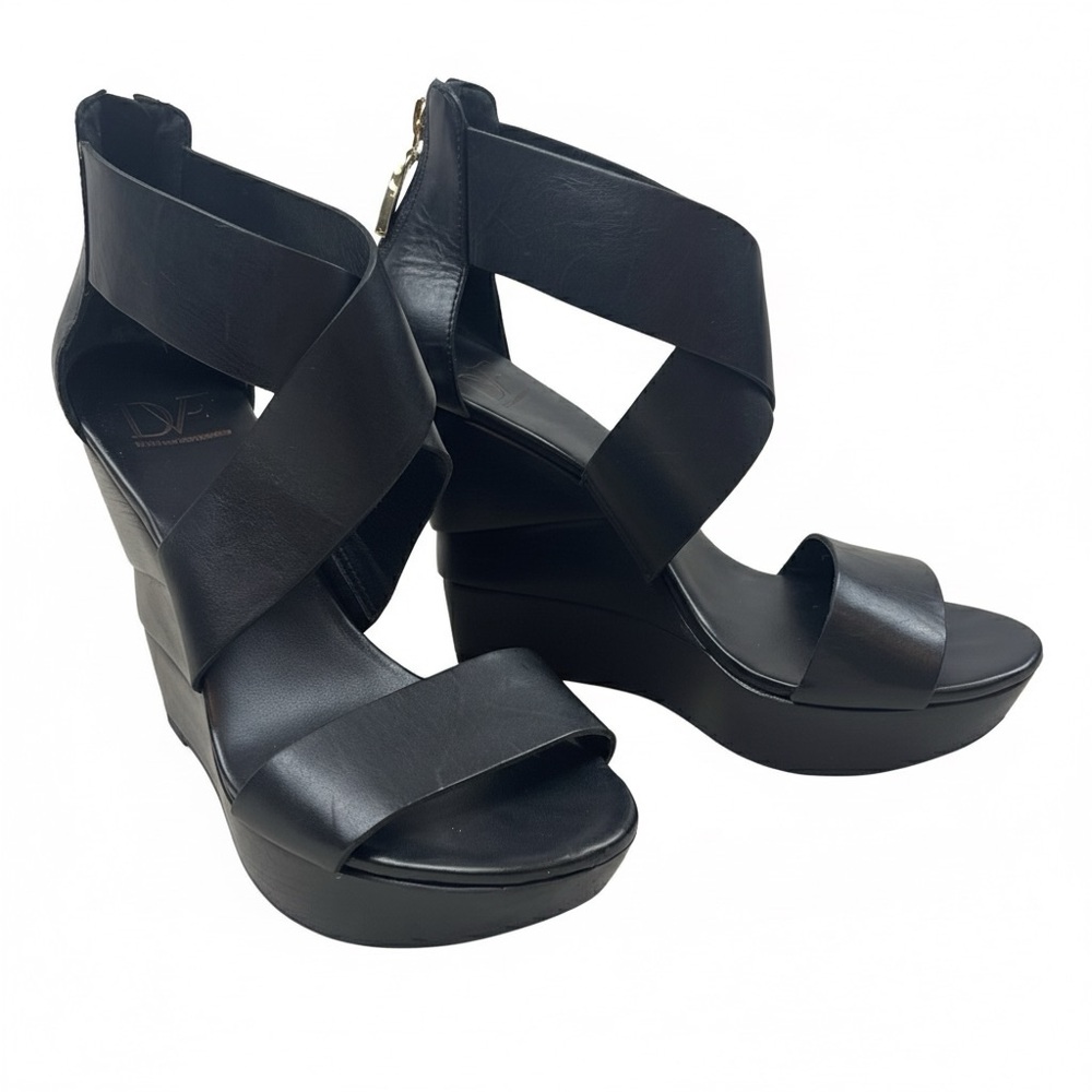 Diane von Furstenberg Black Leather Platform Wedge Sandals Size 8.5M